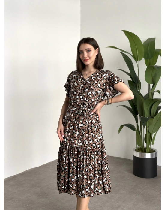 Düğmeli Belinden Kuşaklı Viskon Kumaş Elbise Kahve Beyaz Çiçekli