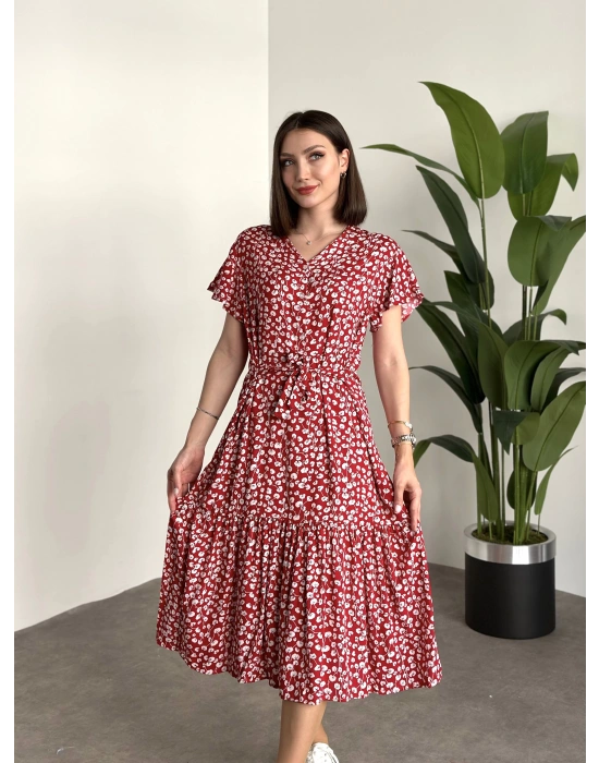 Düğmeli Belinden Kuşaklı Viskon Kumaş Elbise Kırmızı Beyaz Küçük Yapraklı