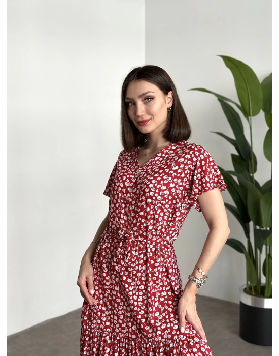 Düğmeli Belinden Kuşaklı Viskon Kumaş Elbise Kırmızı Beyaz Küçük Yapraklı