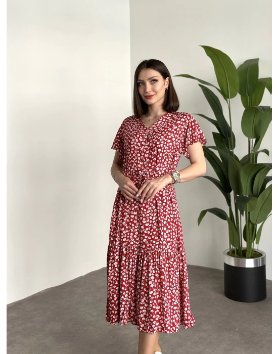 Düğmeli Belinden Kuşaklı Viskon Kumaş Elbise Kırmızı Beyaz Küçük Yapraklı
