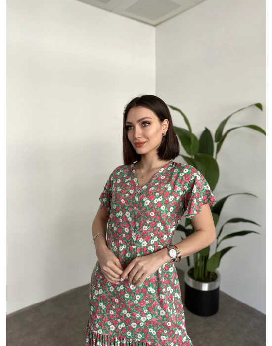 Düğmeli Belinden Kuşaklı Viskon Kumaş Elbise Krem Pembe Yeşil Çiçekli