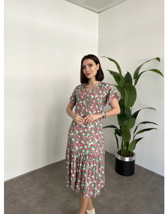 Düğmeli Belinden Kuşaklı Viskon Kumaş Elbise Krem Pembe Yeşil Çiçekli