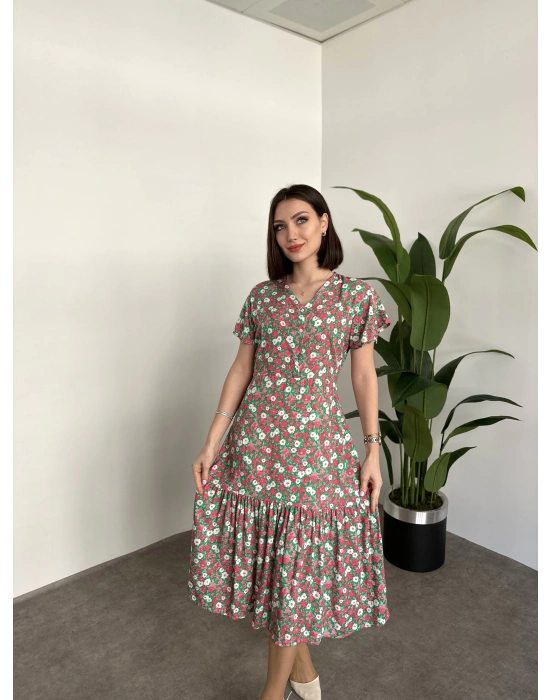 Düğmeli Belinden Kuşaklı Viskon Kumaş Elbise Krem Pembe Yeşil Çiçekli