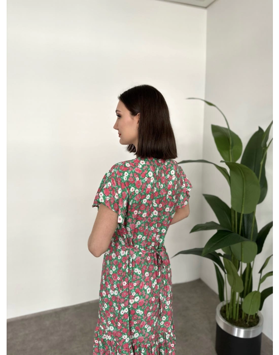 Düğmeli Belinden Kuşaklı Viskon Kumaş Elbise Krem Pembe Yeşil Çiçekli