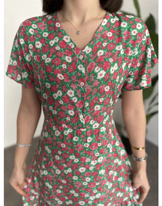 Düğmeli Belinden Kuşaklı Viskon Kumaş Elbise Krem Pembe Yeşil Çiçekli