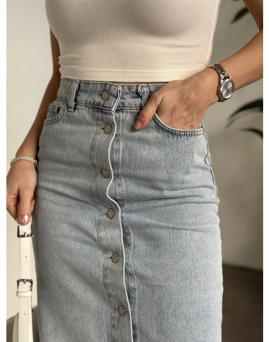 Düğmeli denim uzun etek açık