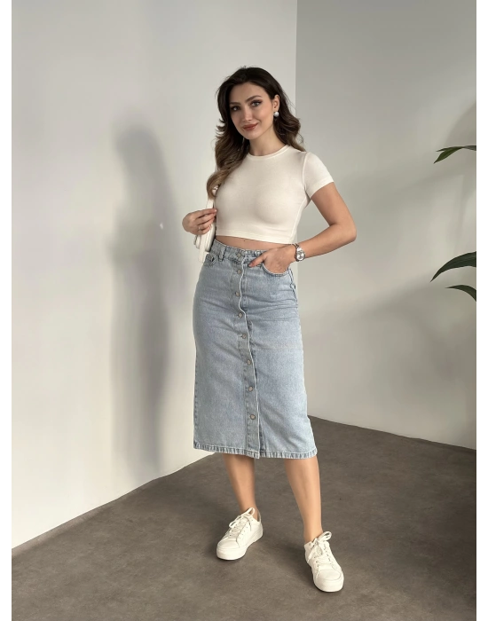 Düğmeli denim uzun etek açık