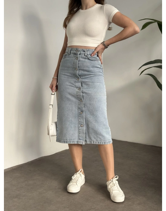 Düğmeli denim uzun etek açık