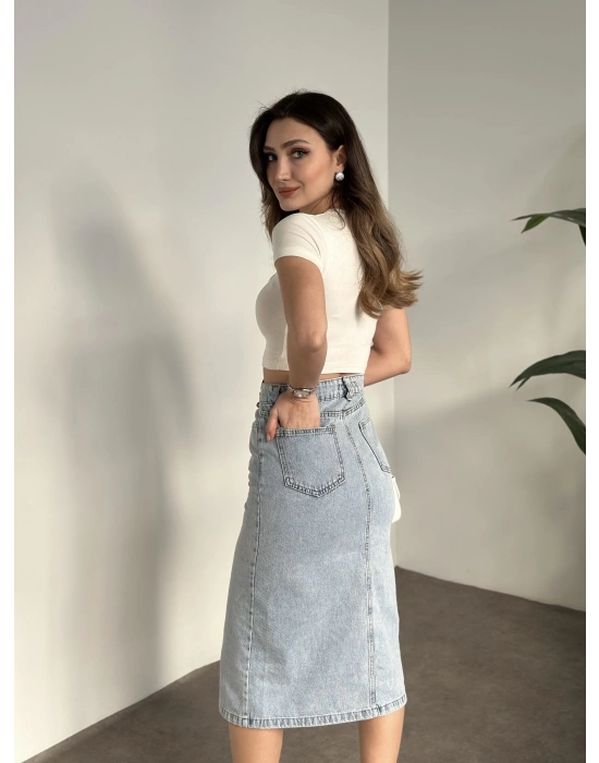 Düğmeli denim uzun etek açık