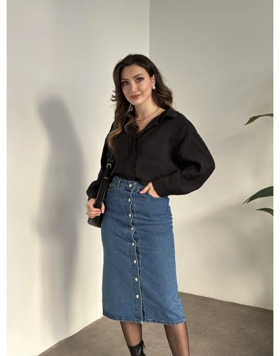 Düğmeli denim uzun etek koyu