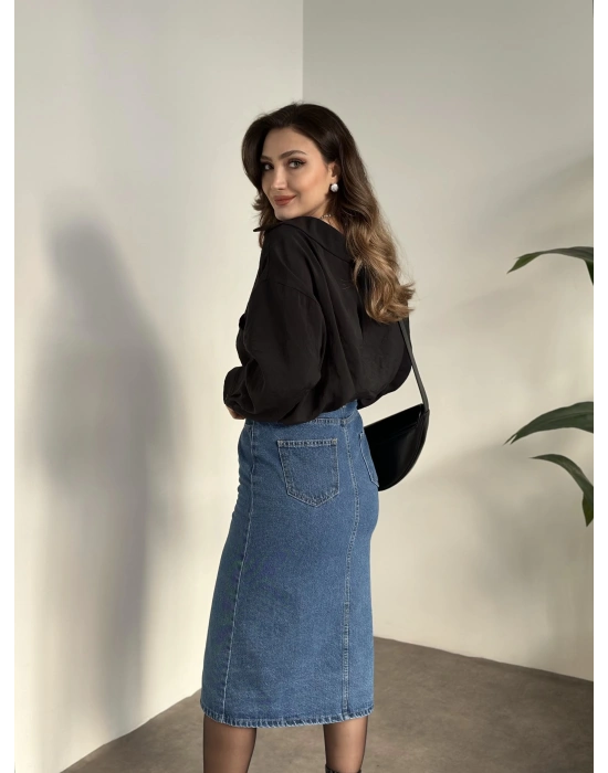 Düğmeli denim uzun etek koyu