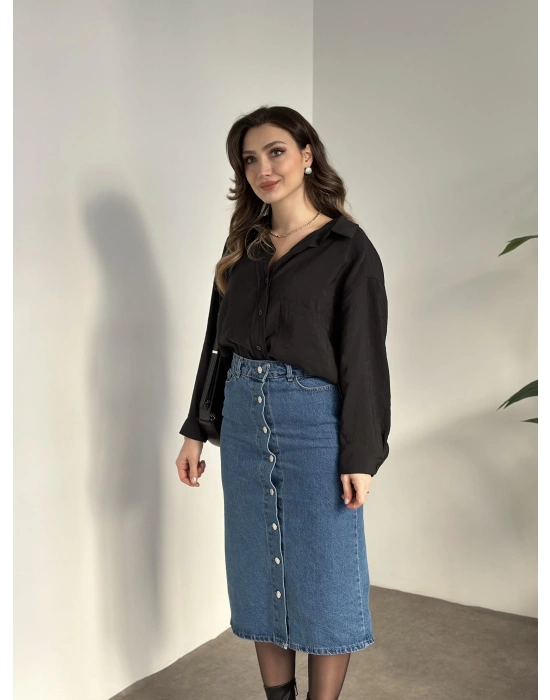 Düğmeli denim uzun etek koyu