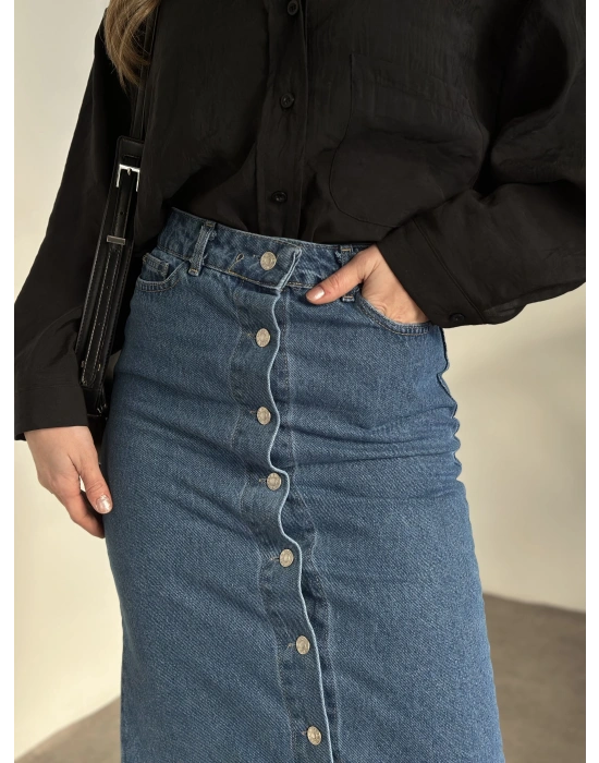 Düğmeli denim uzun etek koyu