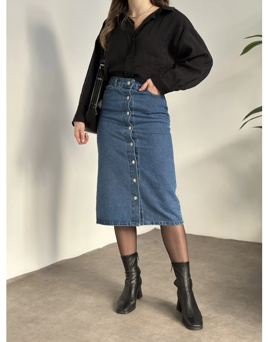 Düğmeli denim uzun etek koyu