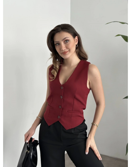 Düğmeli double kumaş yelek bordo