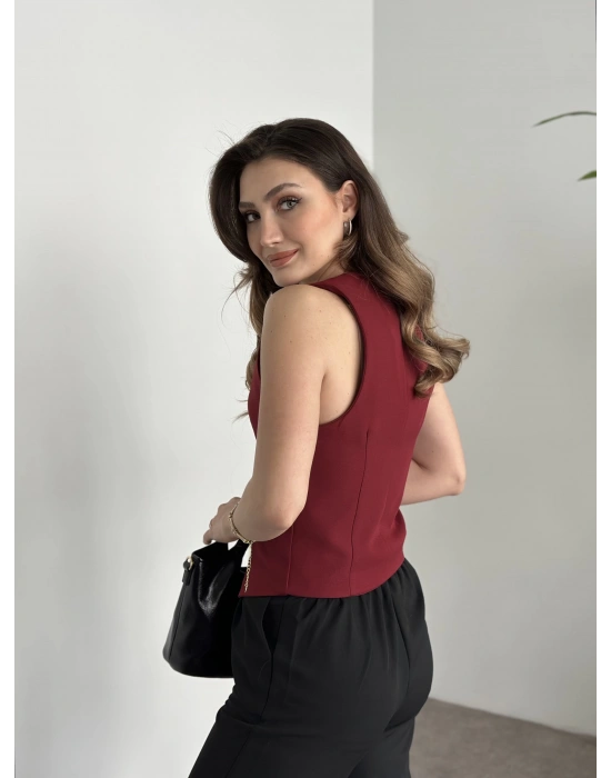 Düğmeli double kumaş yelek bordo