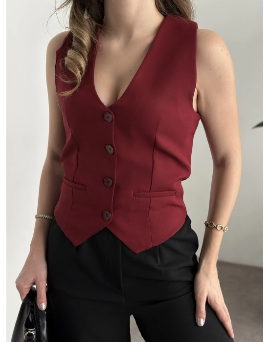 Düğmeli double kumaş yelek bordo