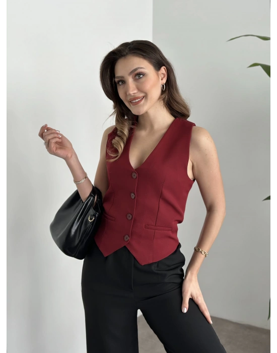 Düğmeli double kumaş yelek bordo
