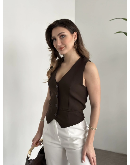Düğmeli double kumaş yelek kahve
