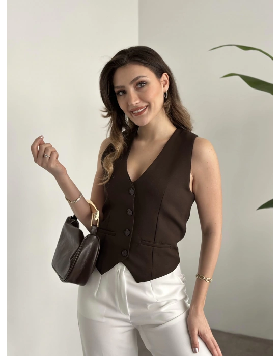 Düğmeli double kumaş yelek kahve