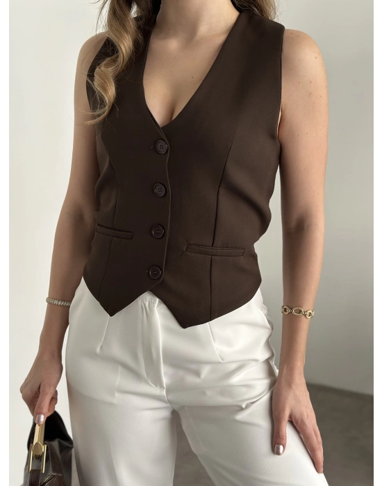 Düğmeli double kumaş yelek kahve