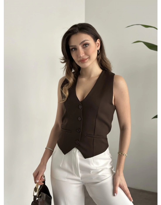 Düğmeli double kumaş yelek kahve