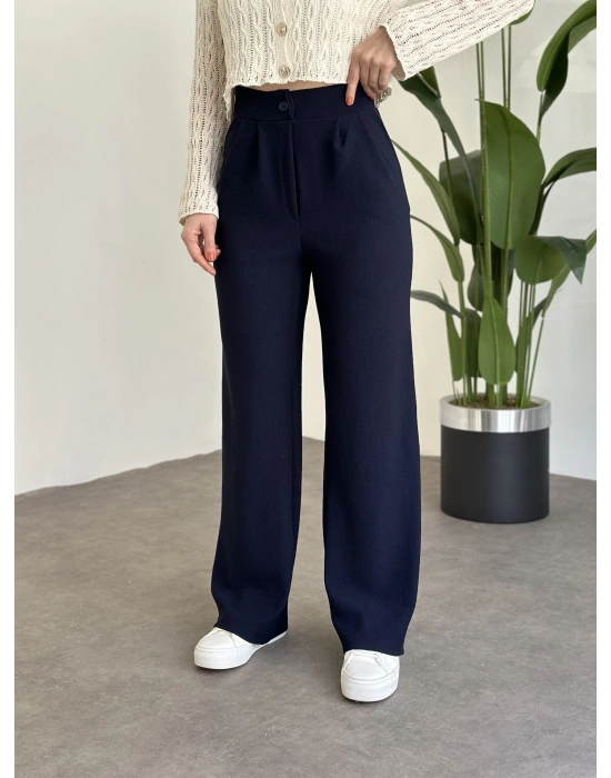 Düğmeli Bol Paça Enine Boyuna Likralı Pantolon Lacivert