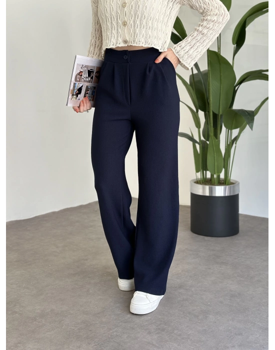 Düğmeli Bol Paça Enine Boyuna Likralı Pantolon Lacivert