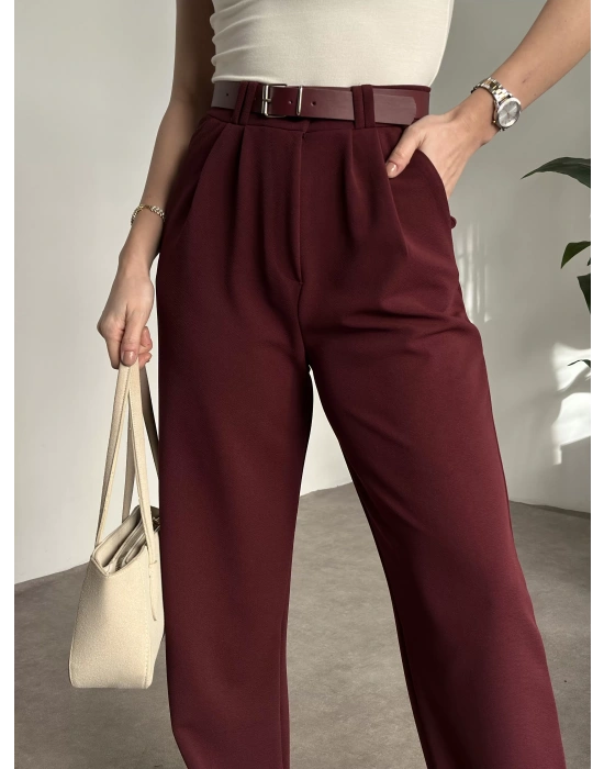 Enine boyuna likralı kemerli pantolon bordo