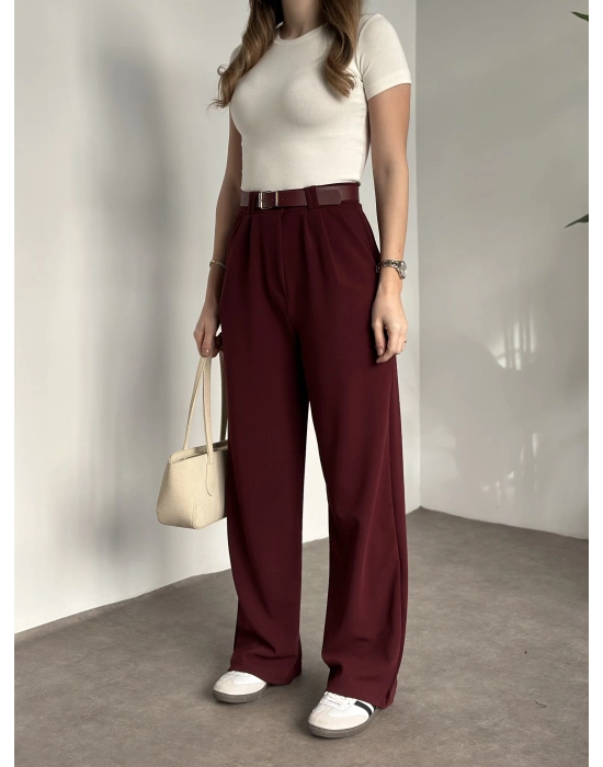 Enine boyuna likralı kemerli pantolon bordo