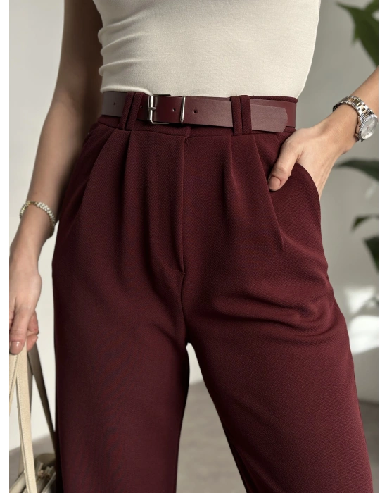 Enine boyuna likralı kemerli pantolon bordo