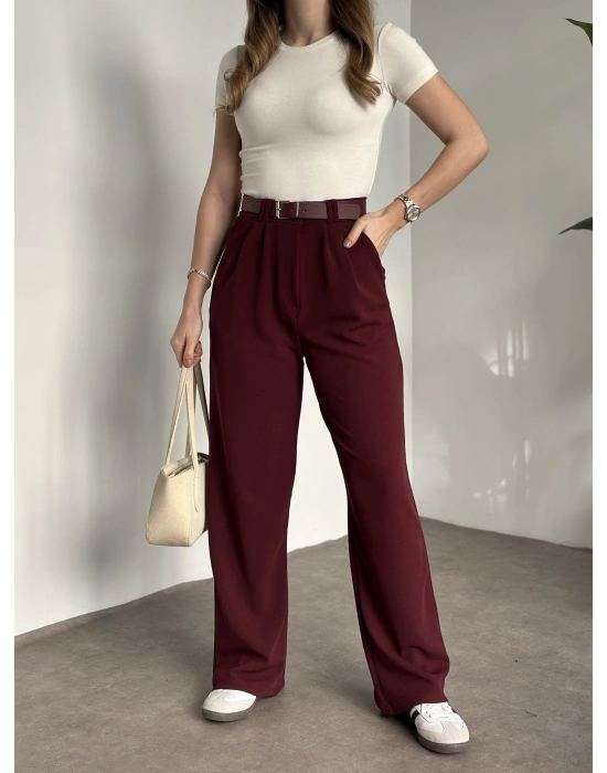 Enine boyuna likralı kemerli pantolon bordo