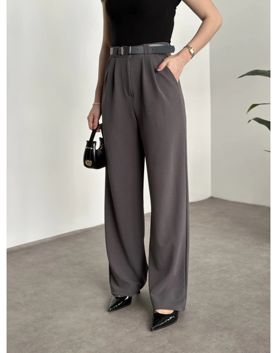 Enine boyuna likralı kemerli pantolon gri