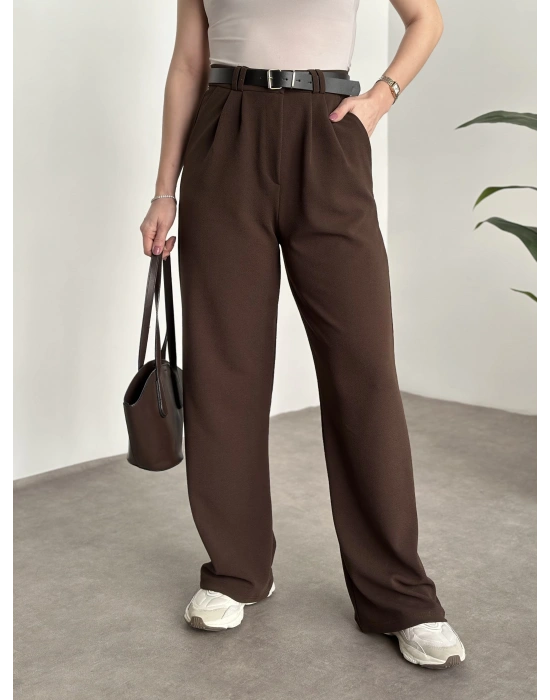 Enine boyuna likralı kemerli pantolon kahve