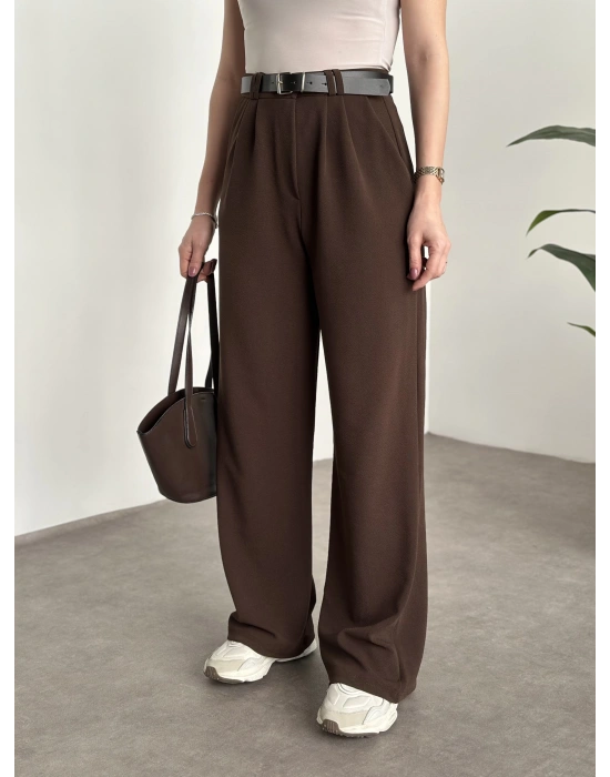 Enine boyuna likralı kemerli pantolon kahve