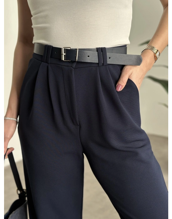 Enine boyuna likralı kemerli pantolon lacivert