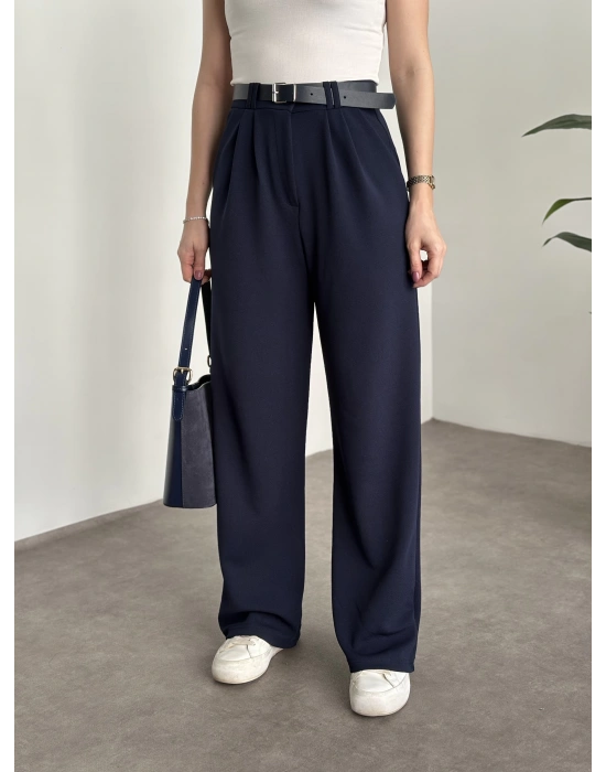 Enine boyuna likralı kemerli pantolon lacivert