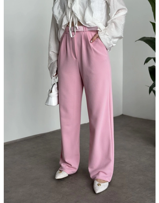 Enine boyuna likralı kemerli pantolon pembe