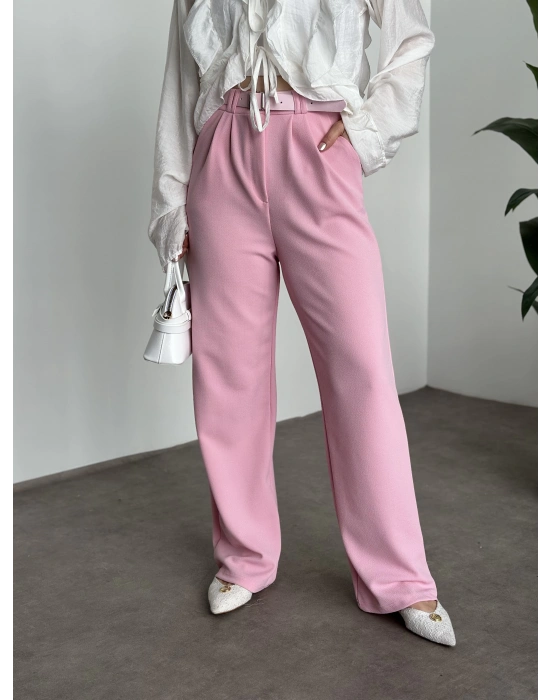 Enine boyuna likralı kemerli pantolon pembe