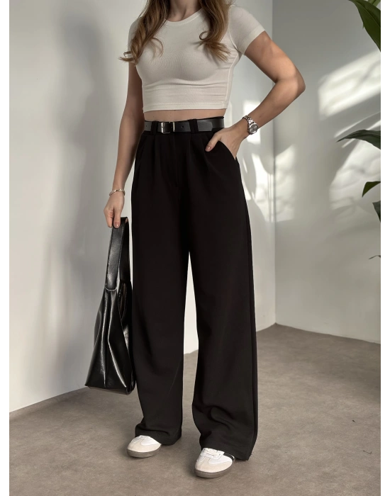 Enine boyuna likralı kemerli pantolon siyah