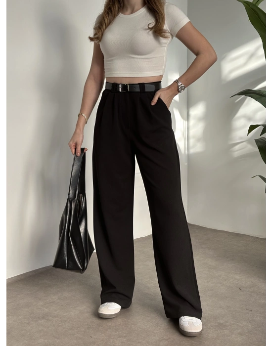 Enine boyuna likralı kemerli pantolon siyah