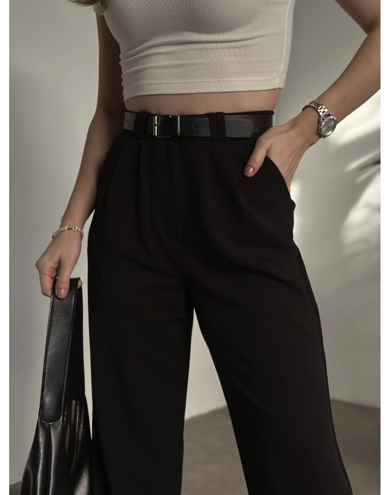 Enine boyuna likralı kemerli pantolon siyah