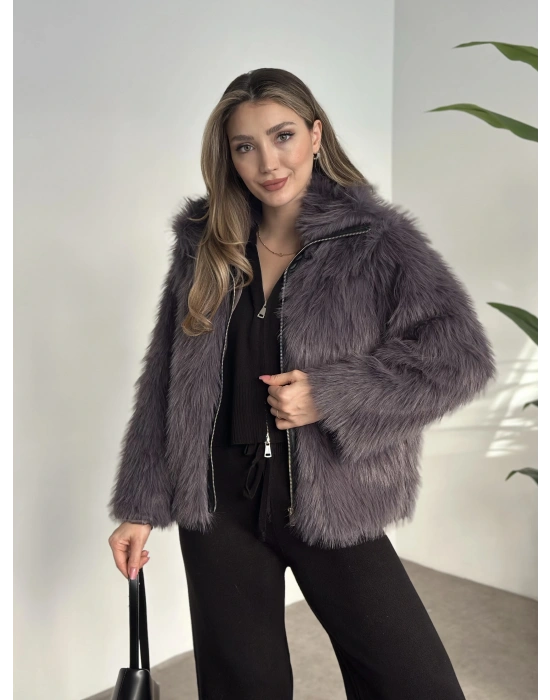 Fermuar detaylı kürk mont antrasit