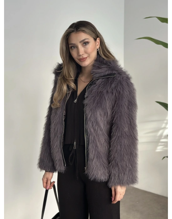 Fermuar detaylı kürk mont antrasit