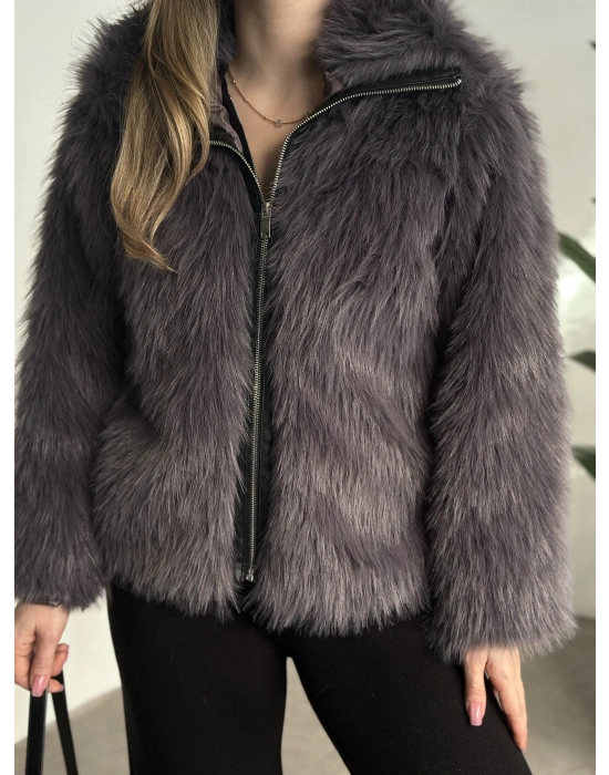 Fermuar detaylı kürk mont antrasit