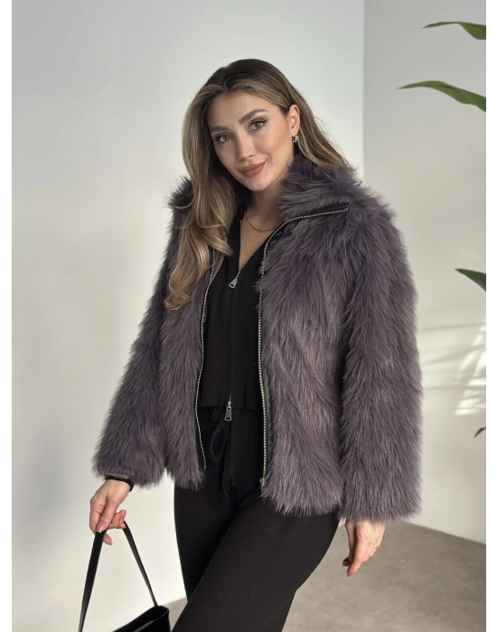 Fermuar detaylı kürk mont antrasit