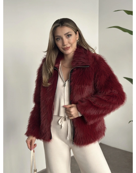 Fermuar detaylı kürk mont bordo