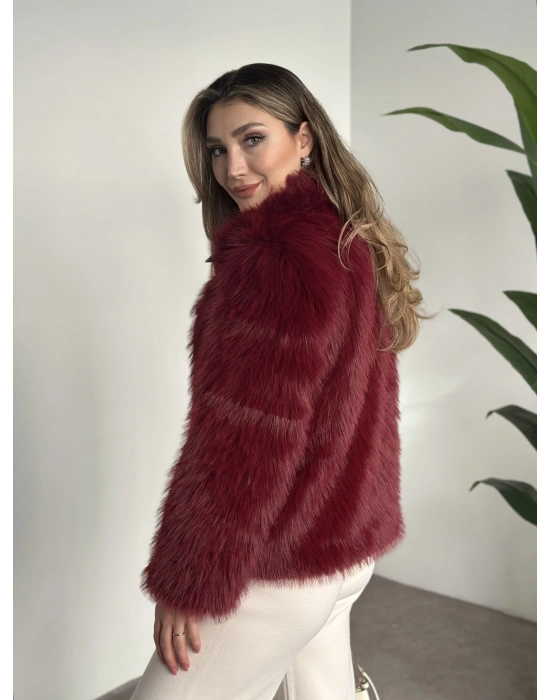Fermuar detaylı kürk mont bordo