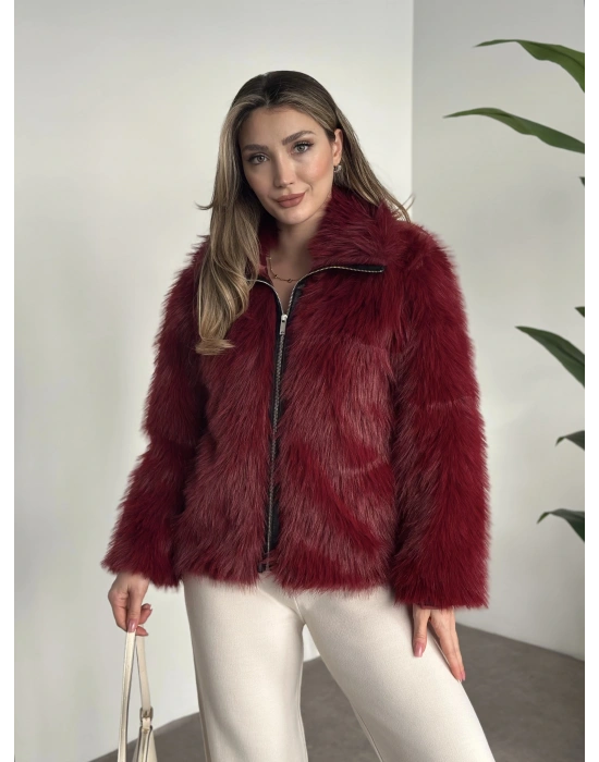 Fermuar detaylı kürk mont bordo