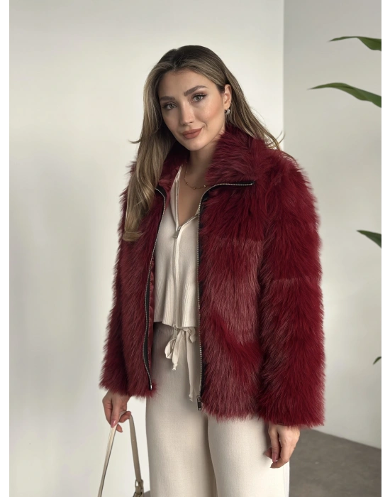 Fermuar detaylı kürk mont bordo